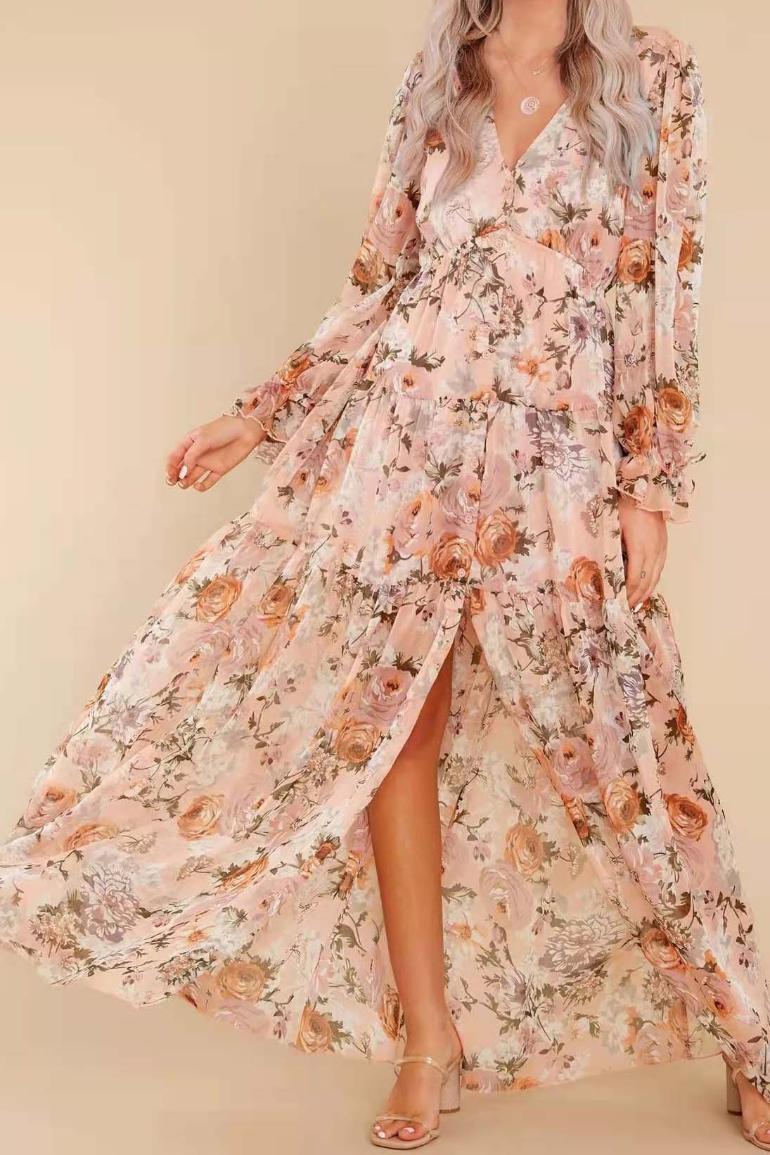 Floral Print V-Neck Maxi Slit Dress