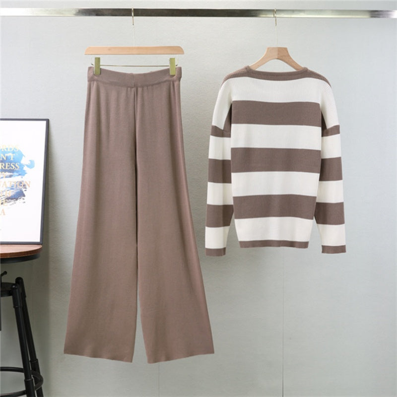 Striped Knit Sweater and Wide-Leg Pants Set