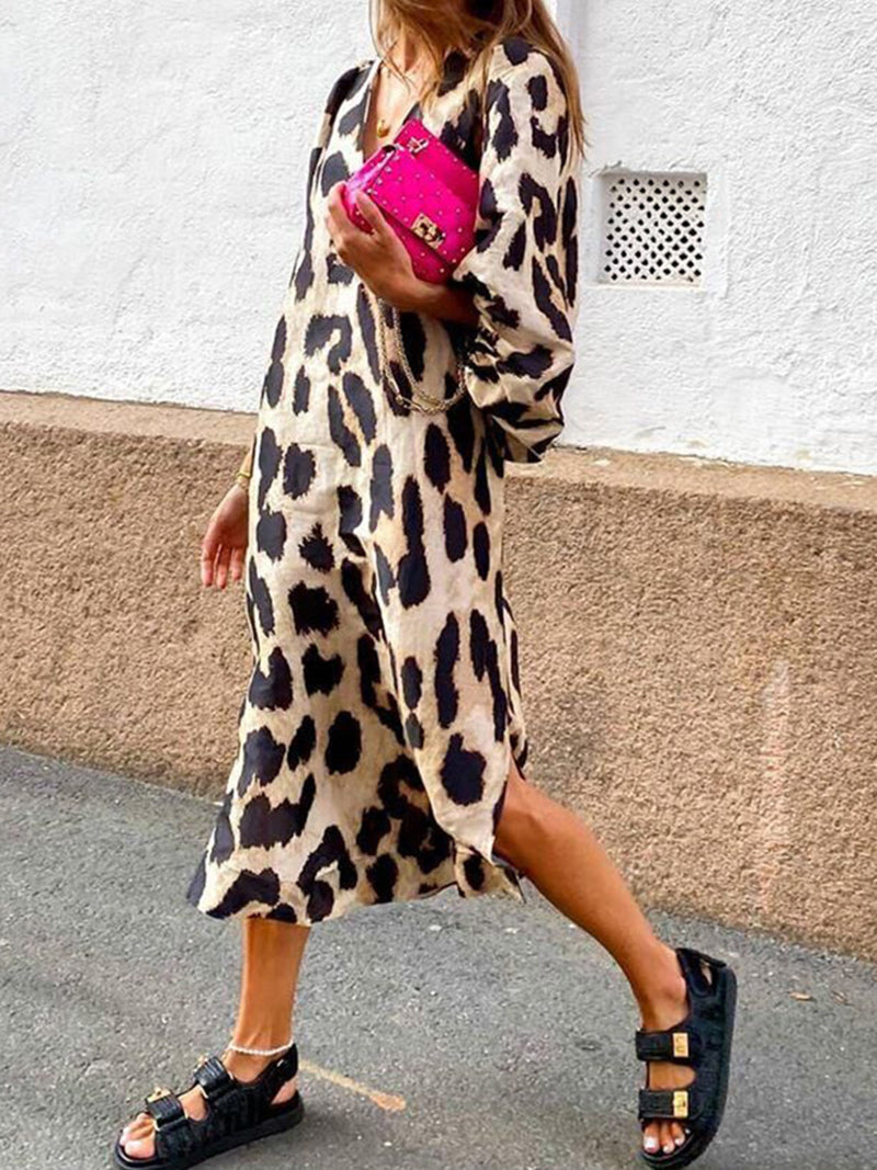 Leopard Print V-Neck Midi Dress