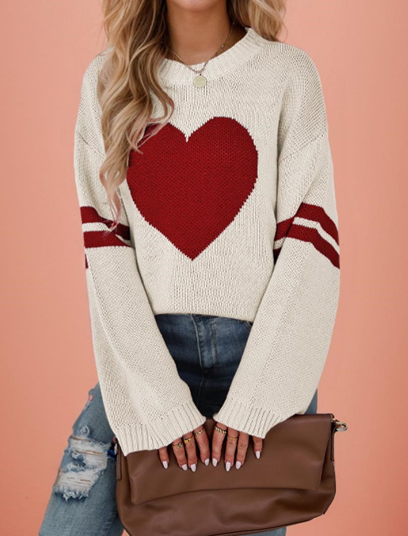 Heart Patterned Knit Sweater with Striped Sleeves