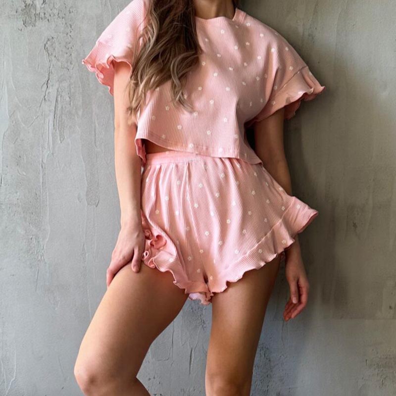 Graphic Ruffle Hem Cropped Shirt &amp; Shorts Pajama Set