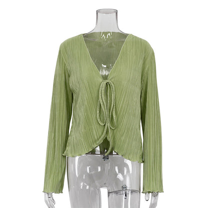 Pleated Tie-Front Crop Blouse