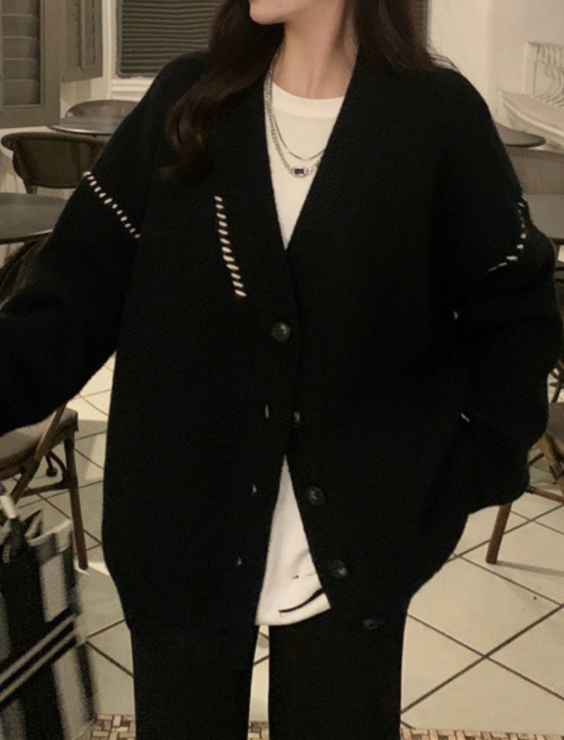 Oversized Button-Up Cardigan with Ribbed Trim [NON-RETURNABLE]