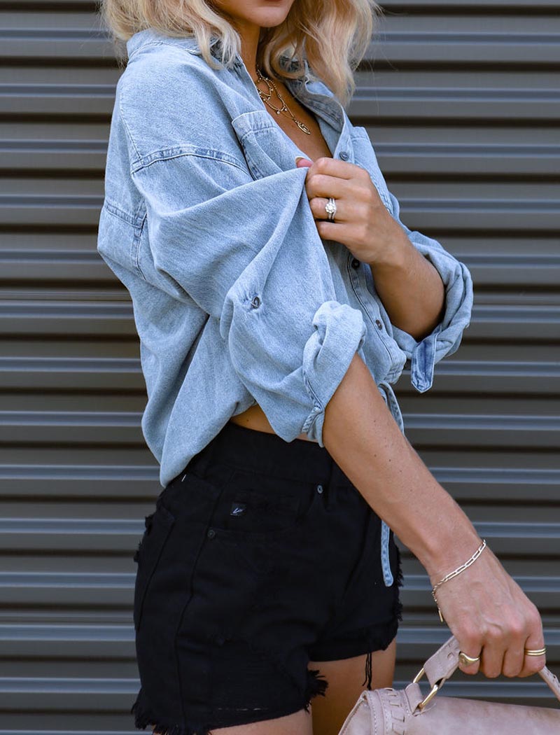 Drawstring Denim Crop Shirt