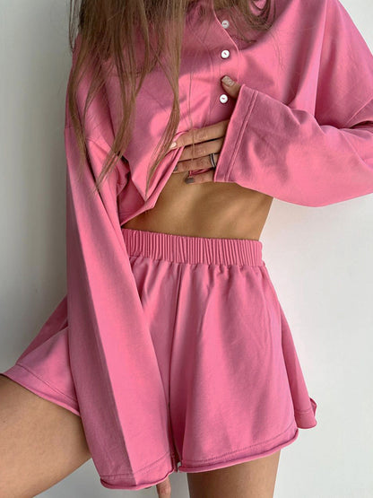 Cropped Button-Up Shirt and Flared Shorts Set