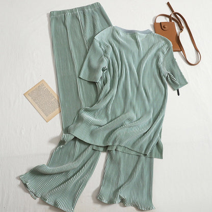 Pleated Round Neck Top and Wide-Leg Pants Set