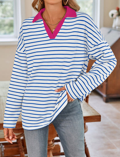 Striped V-Neck Casual Loose-Fit Top