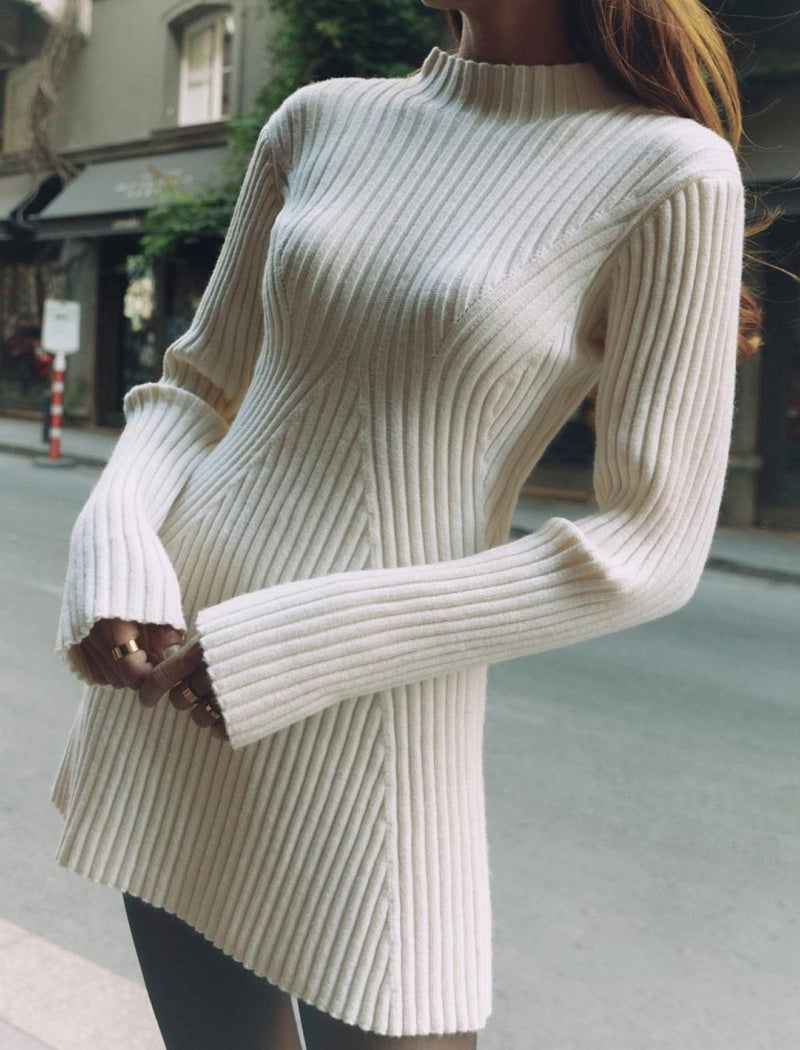 Ribbed Knit Flared-Sleeve Dress