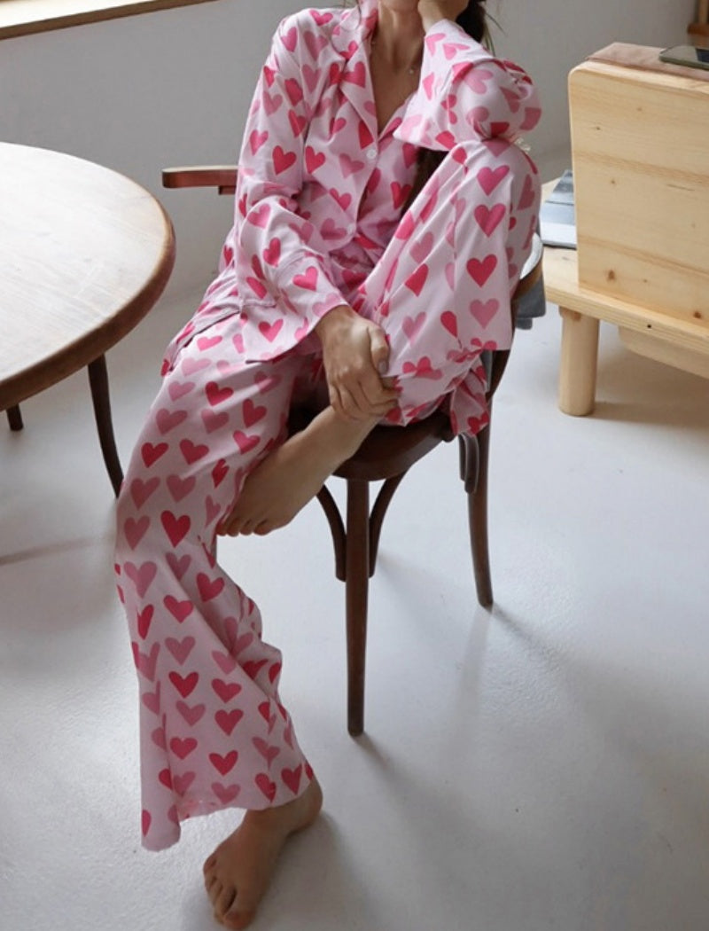 Heart Pattern Button-Up Pajama Set
