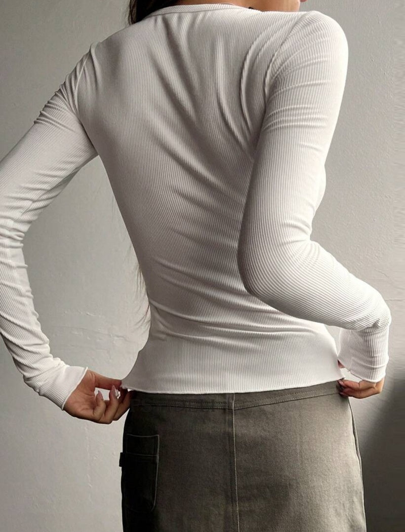 Ribbed Henley Long-Sleeve Top