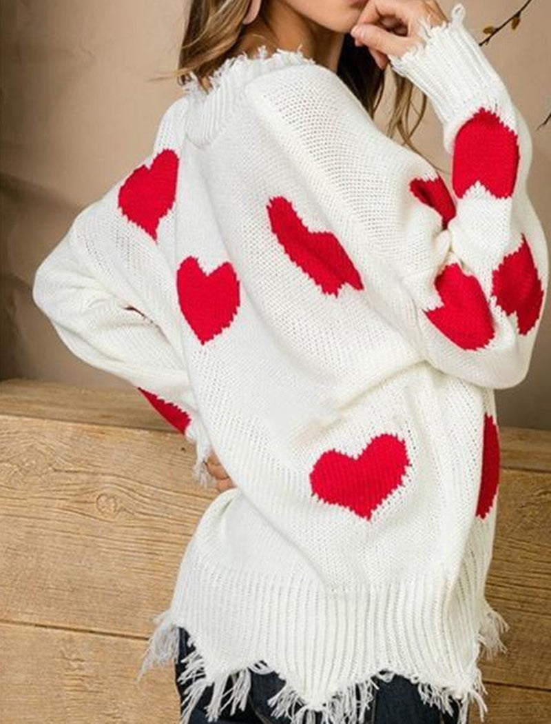 Heart Pattern Distressed V-Neck Sweater