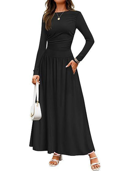 Long-Sleeve Pleated Maxi Dress