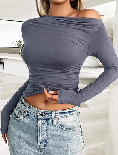 Solid Slant Neck Pullover Top