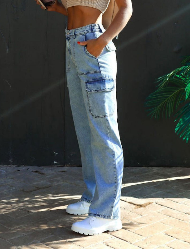 High-Waisted Cargo Style Straight Jeans