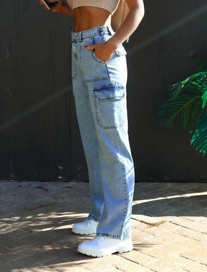 High-Waisted Cargo Style Straight Jeans
