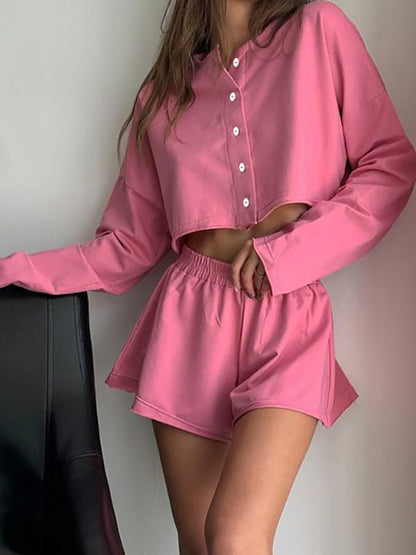 Cropped Button-Up Shirt and Flared Shorts Set