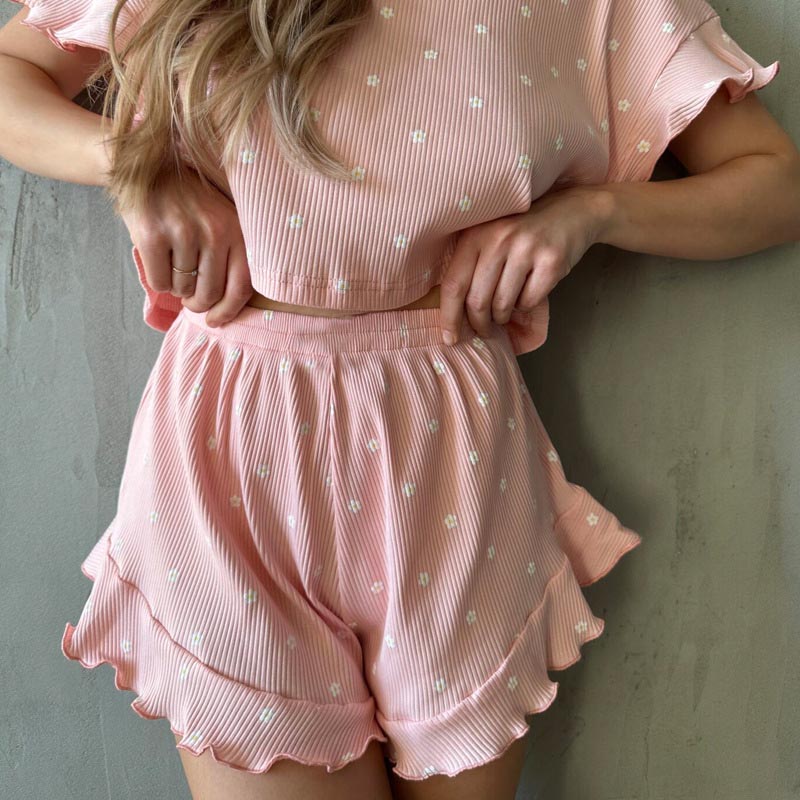 Graphic Ruffle Hem Cropped Shirt &amp; Shorts Pajama Set