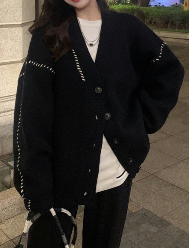 Oversized Button-Up Cardigan with Ribbed Trim [NON-RETURNABLE]