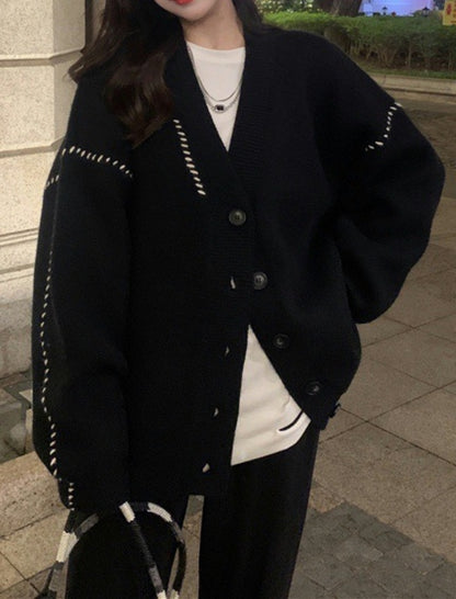 Oversized Button-Up Cardigan with Ribbed Trim [NON-RETURNABLE]