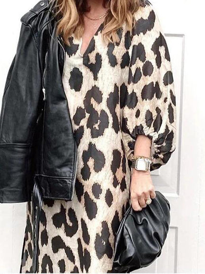 Leopard Print V-Neck Midi Dress