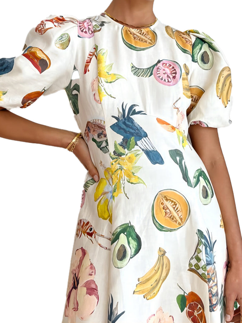 Graphic Print Puff Sleeve Midi Dress