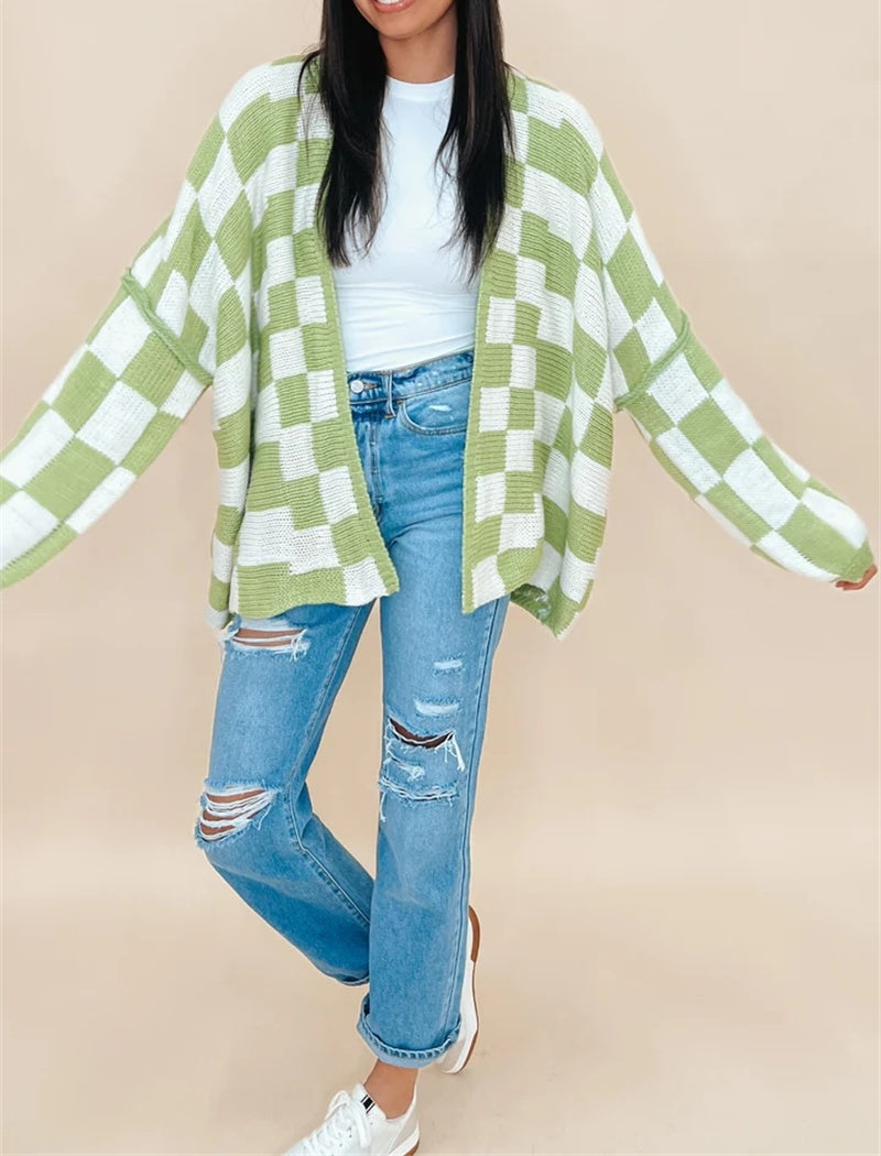 Checkered Open-Front Knit Cardigan