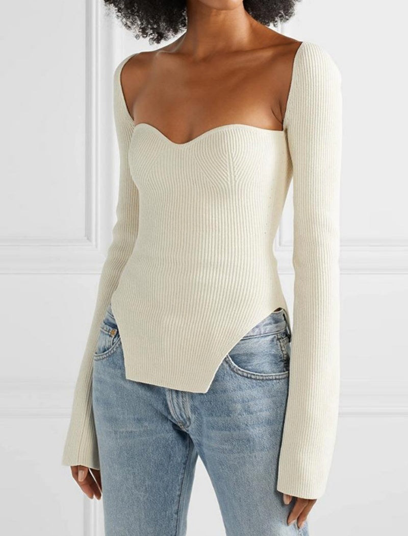 Sweetheart Neck Long Sleeve Knit Top