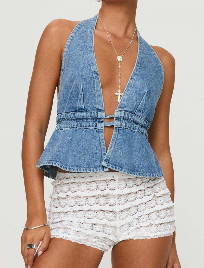 Halter Denim Top with Cutout Detail