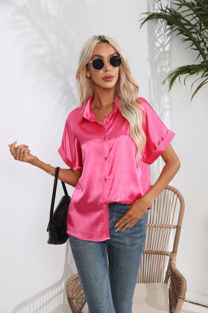 Short Sleeve Satin Crop Blouse