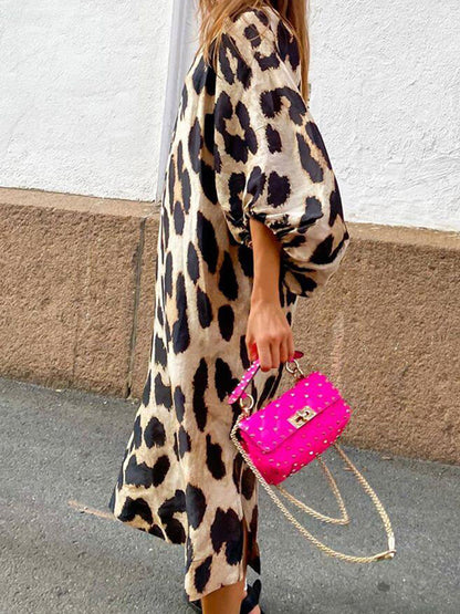 Leopard Print V-Neck Midi Dress