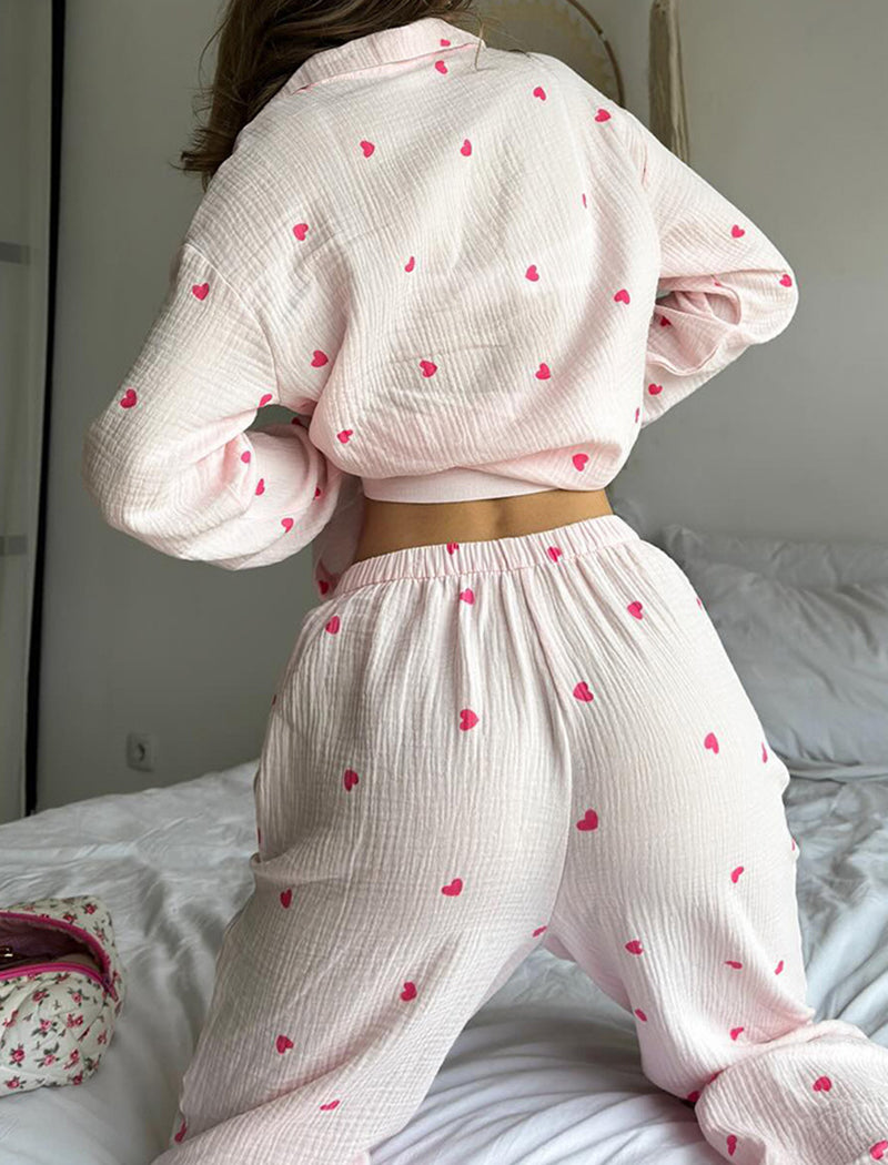 Heart Print Long Sleeve Pajama Set