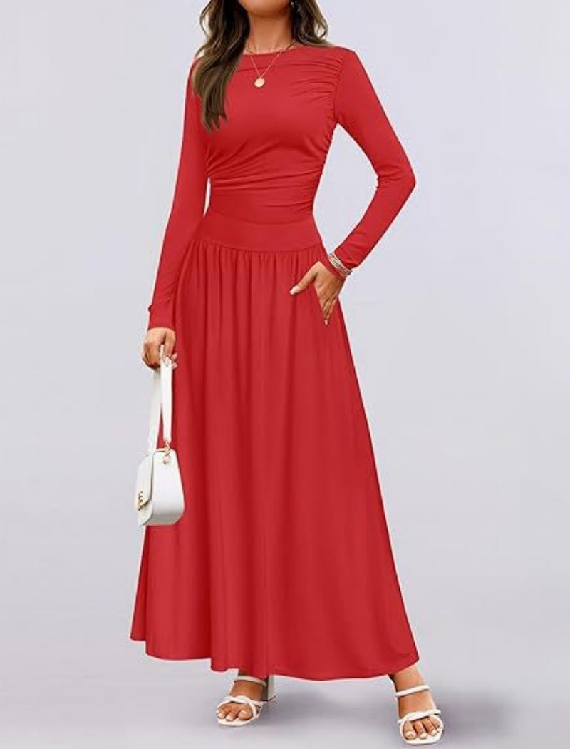 Long-Sleeve Pleated Maxi Dress