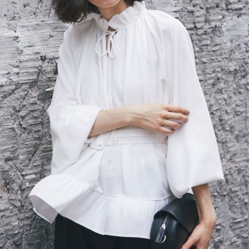 Loose Fit Ruffle Hem Chiffon Blouse