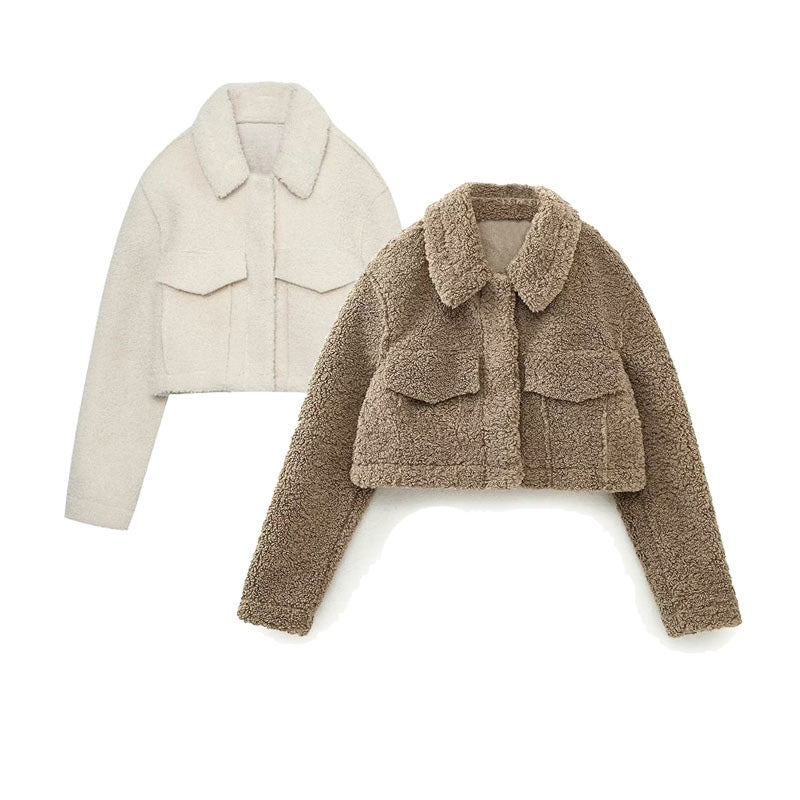 Sherpa Cropped Jacket with Flap Pockets