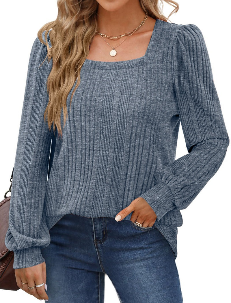 Ribbed Square Neck Long Sleeve Casual Top