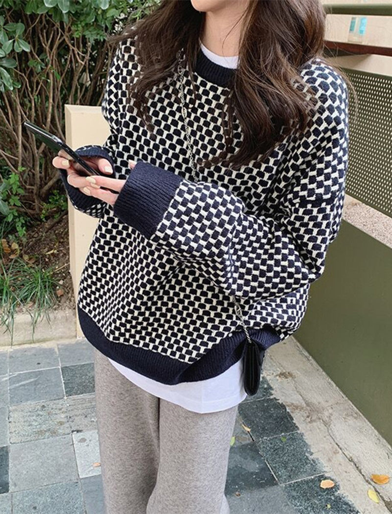 Houndstooth Pattern Knit Pullover