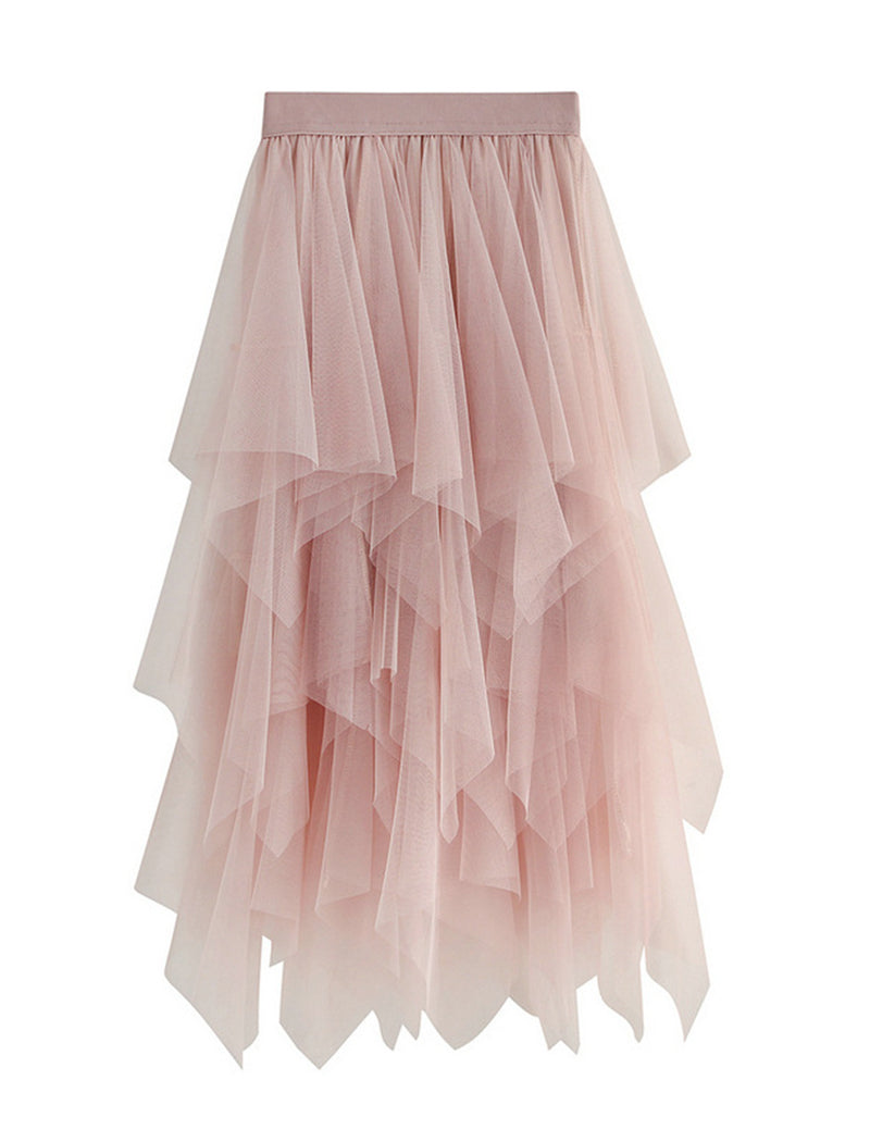 Asymmetric Ruffle Mesh Skirt