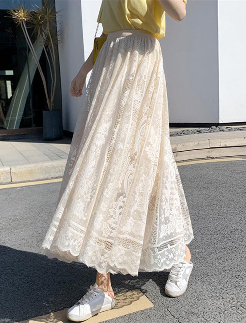 High-Rise Lace Pleated Maxi Skirt