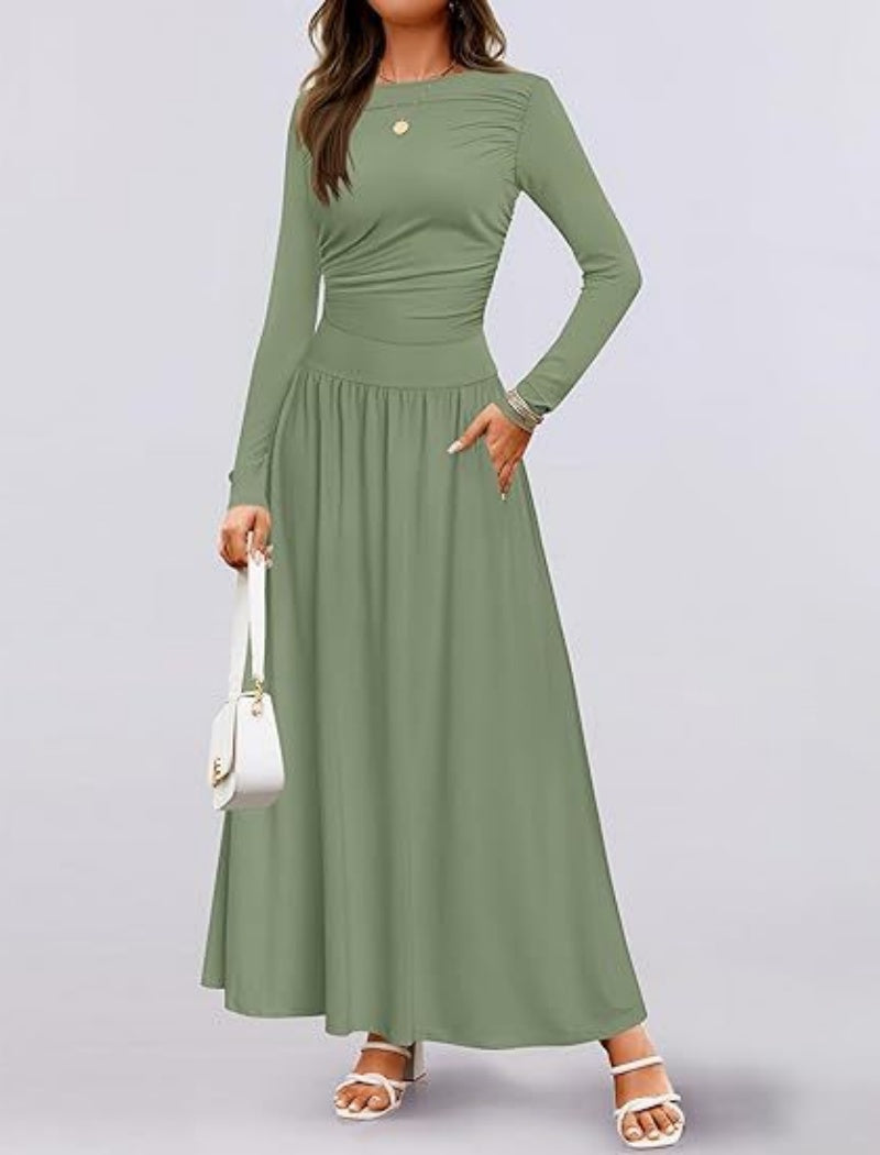 Long-Sleeve Pleated Maxi Dress