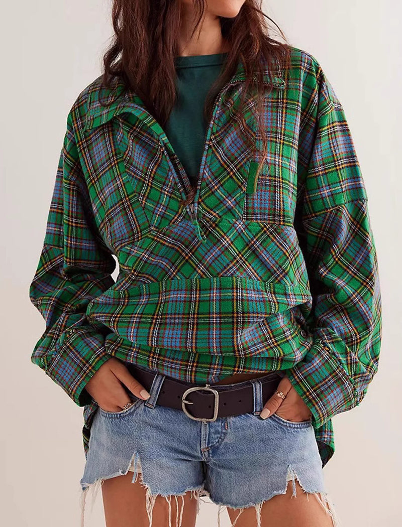 Half-Zip Collared Loose Plaid Pocket Shirt