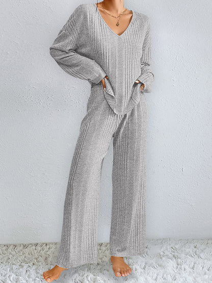 Ribbed V-Neck Top and Pants Set