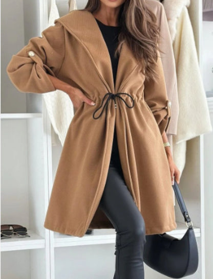 Tie-Front Hooded Collar Casual Long Sleeve Coat