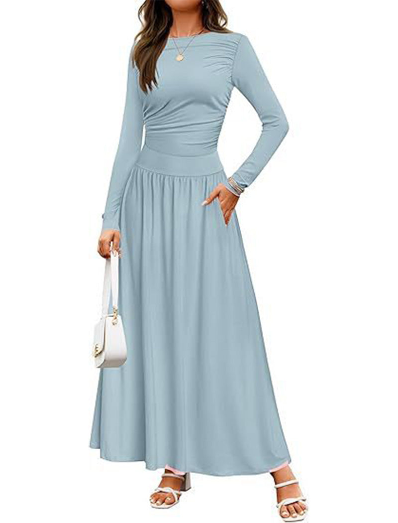 Long-Sleeve Pleated Maxi Dress