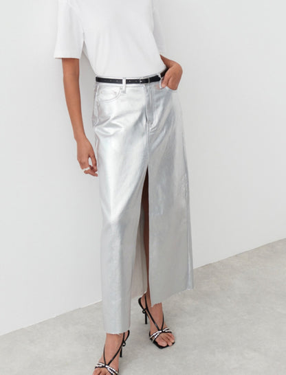 Metallic High-Waisted Maxi Skirt with Front Slit