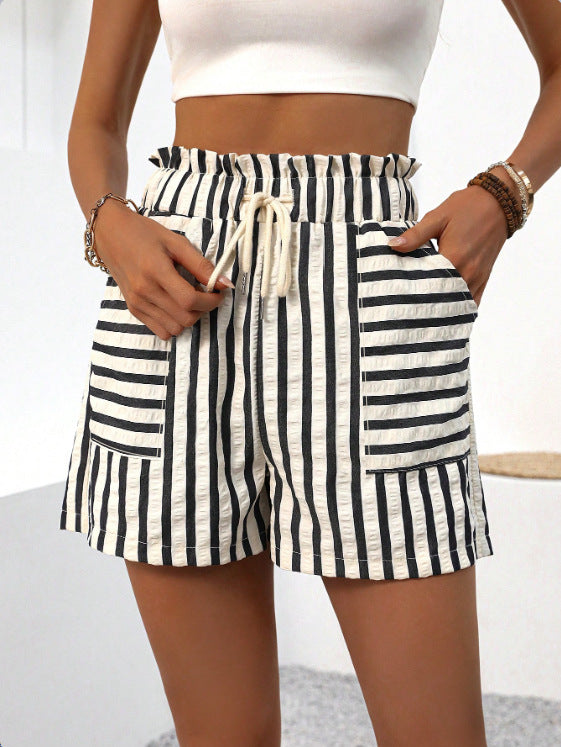 High-Waisted Drawstring Striped Shorts
