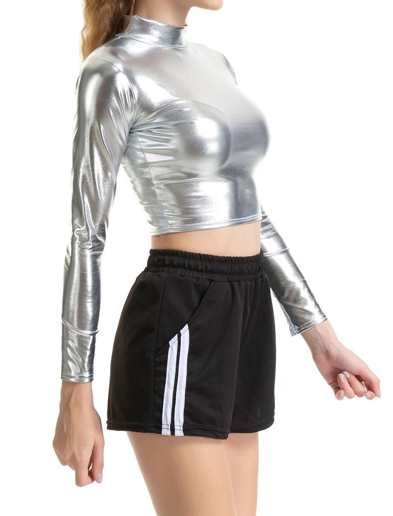 Shiny Mock Neck Long Sleeve Crop Top