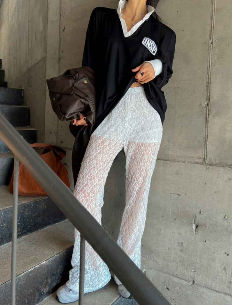 Sheer Lace Wide-Leg Pants
