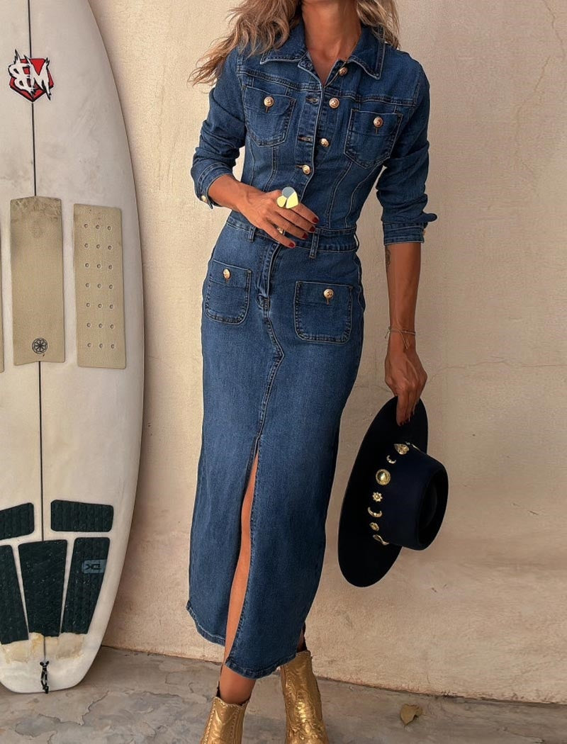 Denim Maxi Dress with Button Detail