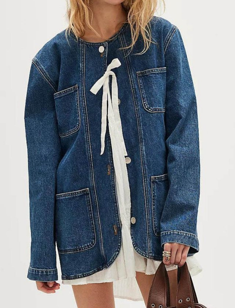 Tie-Front Denim Jacket with Patch Pockets