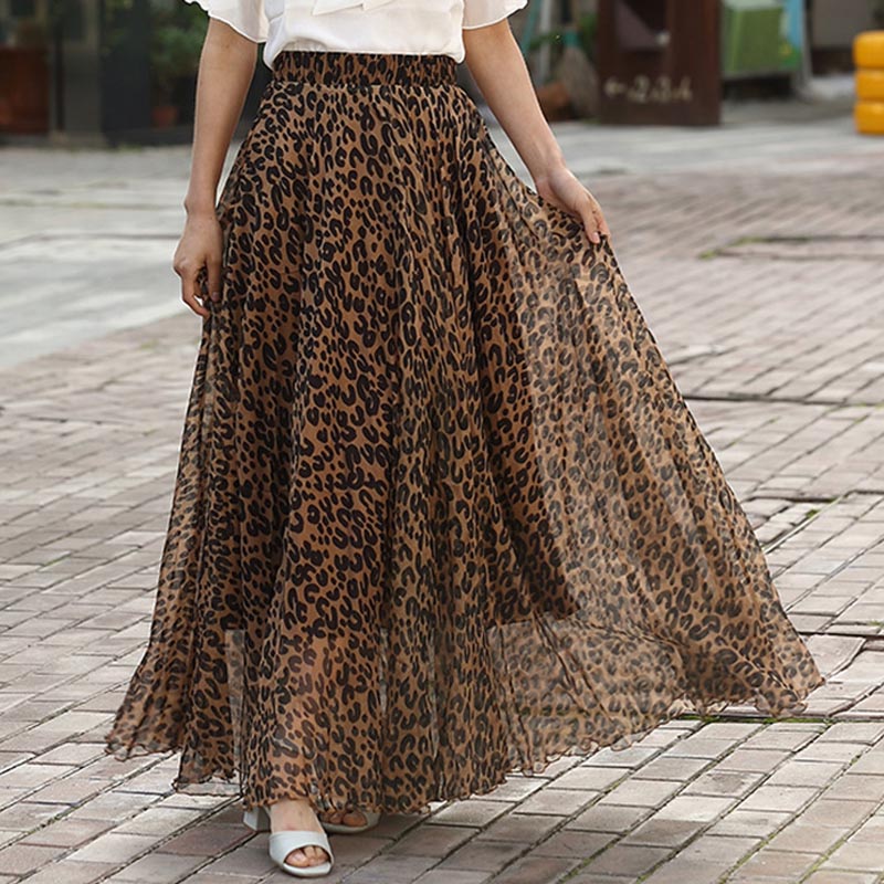 High-Waist Leopard Print Chiffon Skirt